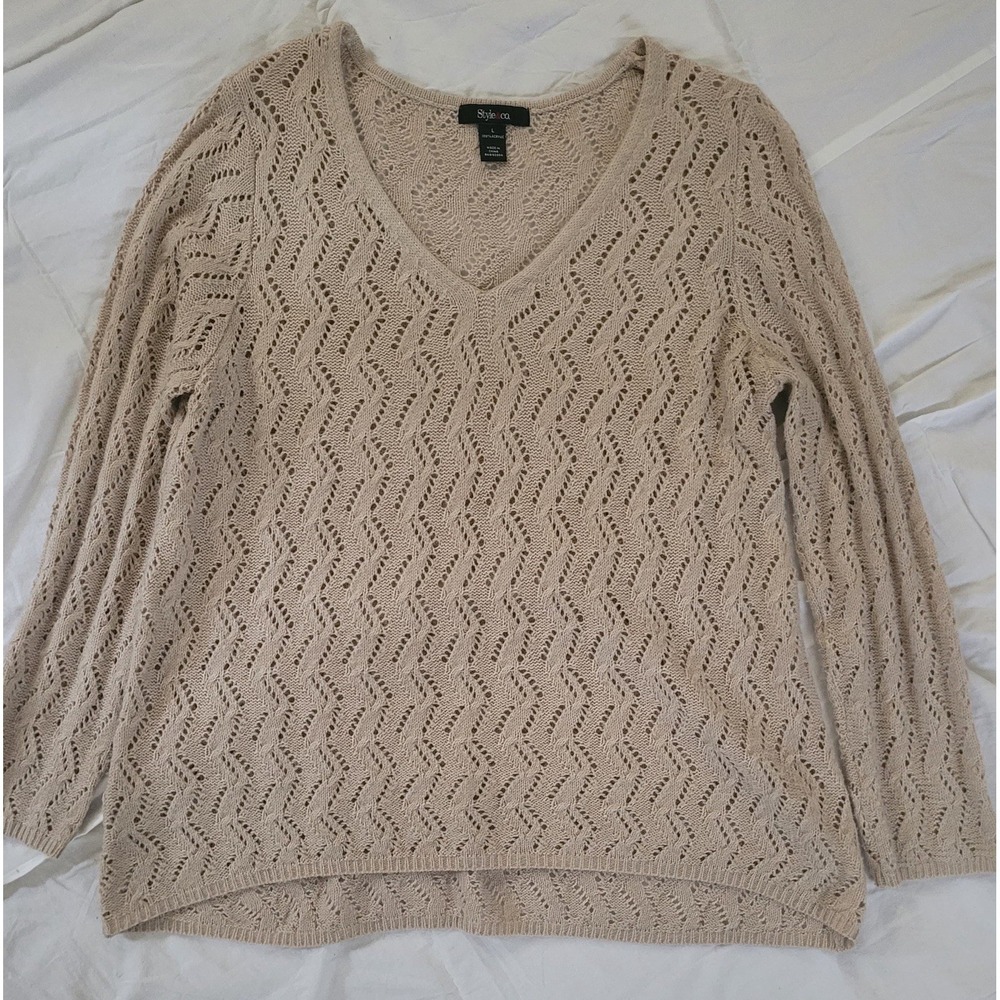 Style&co. Beige Open-Knit Pullover Sweater V-Neck Long‎ Sleeve Geometric M
